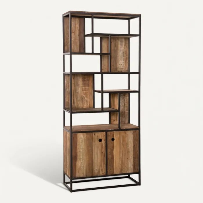 **Technische titel in het Nederlands: Moderne open boekenkast met houten planken en metalen frame**