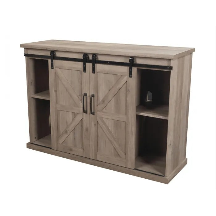 **Technische titel in het Nederlands: Moderne houten kast met schuifdeuren en open vakken**
