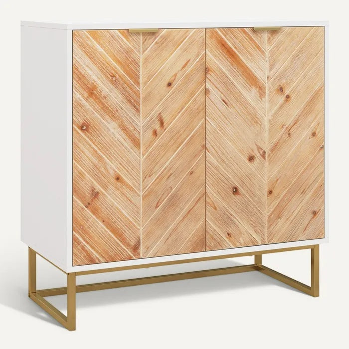 **Technische titel in het Nederlands:** Modern Kastenontwerp met Houten Chevronstructuur en Gouden Poten